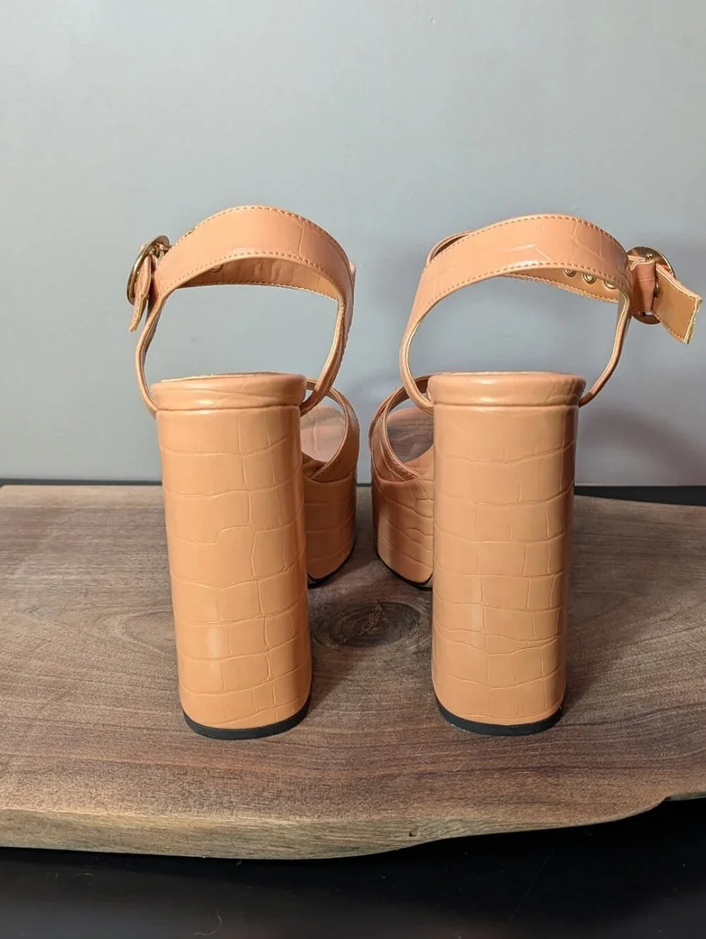 ASOS Croc-Embossed Platform Block Heel Sandals in Peach